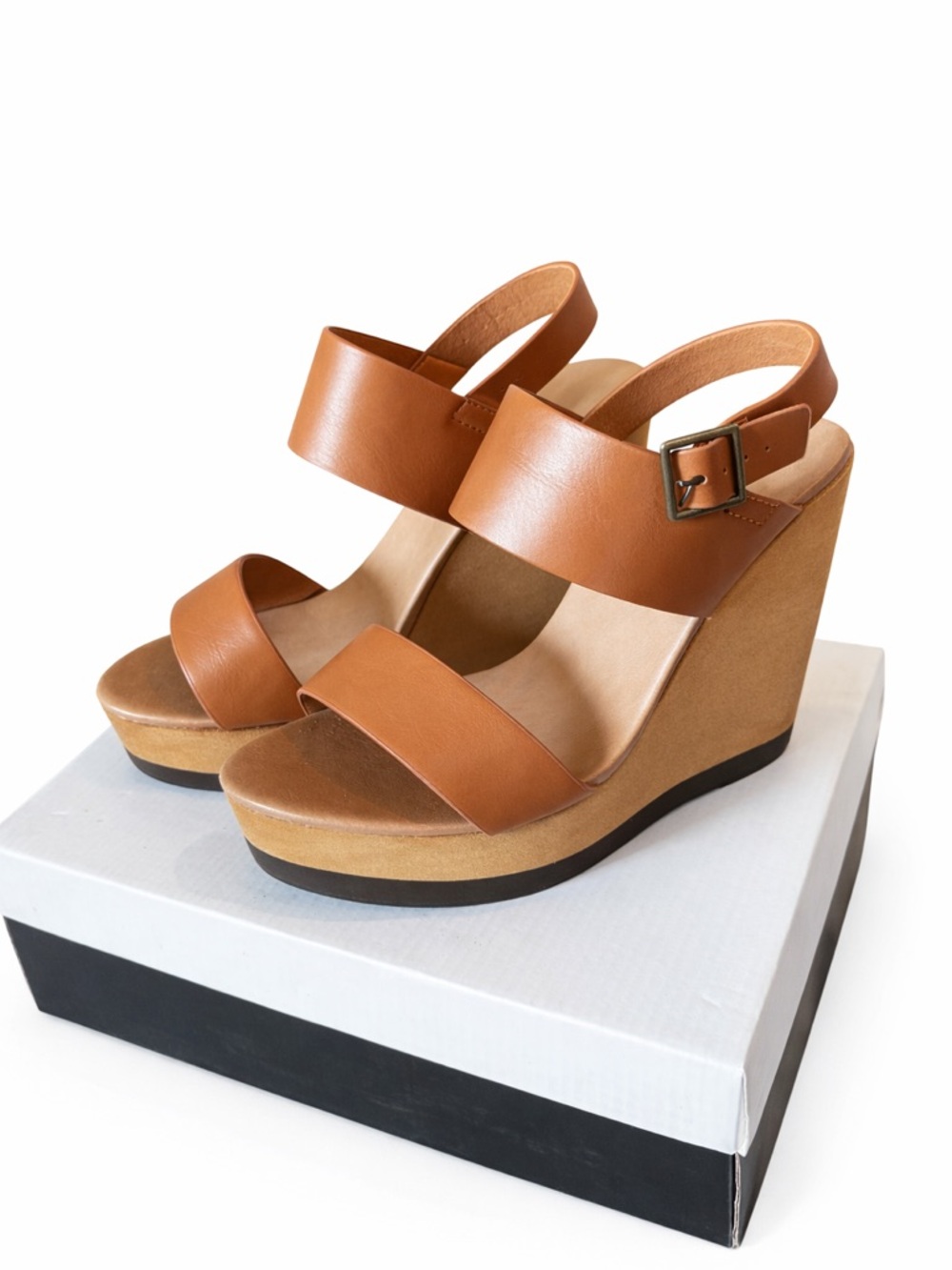 ShuShop Cognac Double-Strap Wedge Sandals with Buckle